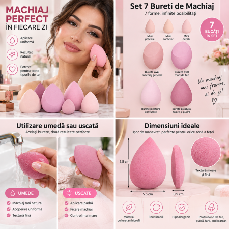 Set 7 Bureti de Machiaj ORIGINAL DEALS, Forme Mixte, Poliuretan Hidrofil, Nuante Roz [6]