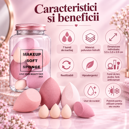 Set 7 Bureti de Machiaj ORIGINAL DEALS, Forme Mixte, Poliuretan Hidrofil, Nuante Roz [7]
