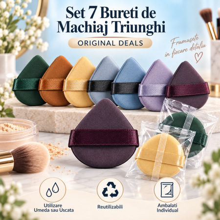 Accesorii Machiaj si Trimmere - Set 7 bureti de machiaj ORIGINAL DEALS, reutilizabili, forme variate, multicolor, utilizare umeda sau uscata
