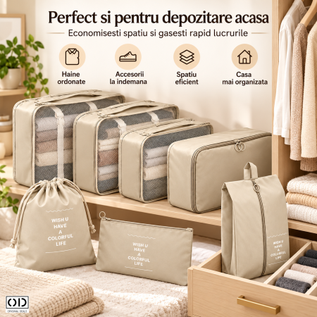 Organizatoare textile bej cu plasa pentru identificarea hainelor in bagaj Organizatoare textile bej cu plasa pentru identificarea hainelor in bagaj