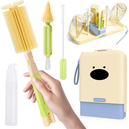 Set 7 Piese de Spalat/Uscat Biberoane, , Portabil, Peri de Silicon, pentru Tetine, Suzete, Biberoane, Paie, Cutie Inclusa, 16.8 x 12 x 5 cm, Model Catel, Albastru [1]