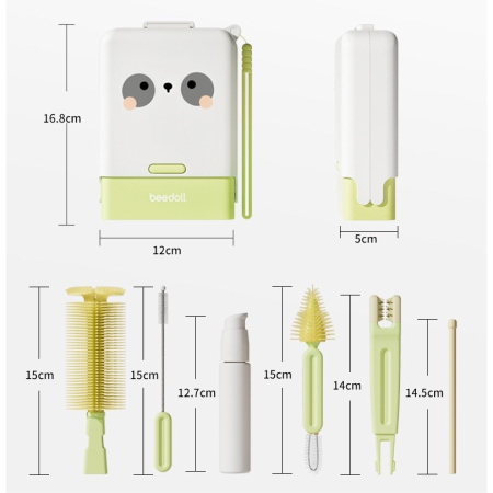 Set 7 Piese de Spalat/Uscat Biberoane, , Portabil, Peri de Silicon, pentru Tetine, Suzete, Biberoane, Paie, Cutie Inclusa, 16.8 x 12 x 5 cm, Model Panda, Verde [4]