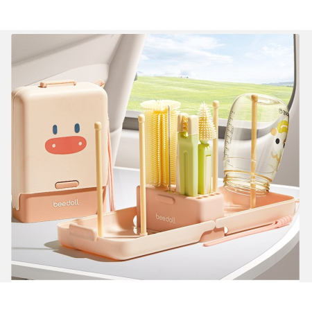 Set 7 Piese de Spalat/Uscat Biberoane, , Portabil, Peri de Silicon, pentru Tetine, Suzete, Biberoane, Paie, Cutie Inclusa, 16.8 x 12 x 5 cm, Model Porcusor, Roz [5]