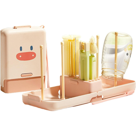 Articole Diverse copii - Set 7 Piese de Spalat/Uscat Biberoane, , Portabil, Peri de Silicon, pentru Tetine, Suzete, Biberoane, Paie, Cutie Inclusa, 16.8 x 12 x 5 cm, Model Porcusor, Roz