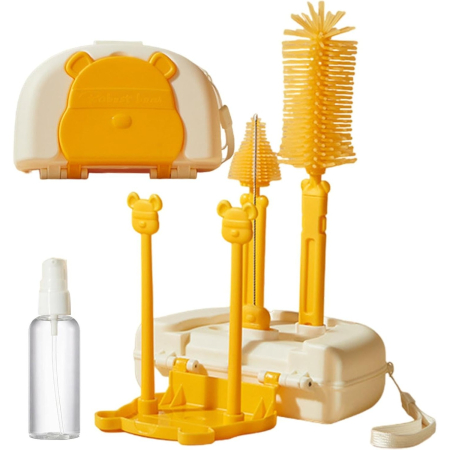 Articole Diverse copii - Set 7 Piese de Spalat/Uscat Biberoane, , Portabil, Peri de Silicon, pentru Tetine, Suzete, Biberoane, Paie, Cutie Inclusa, 16 x 11 x 5 cm, Model Ursulet, Galben