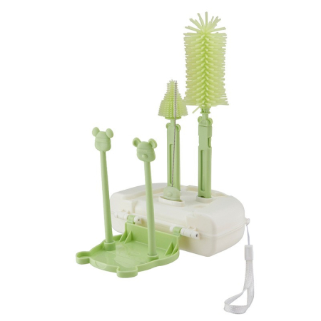 Set 7 Piese de Spalat/Uscat Biberoane, , Portabil, Peri de Silicon, pentru Tetine, Suzete, Biberoane, Paie, Cutie Inclusa, 16 x 11 x 5 cm, Model Ursulet, Verde [1]