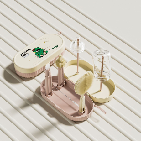 Set 7 Piese de Spalat/Uscat Biberoane, , Portabil, Peri de Silicon, pentru Tetine, Suzete, Biberoane, Paie, Cutie Inclusa, 20 x 9.5 cm, Roz [5]