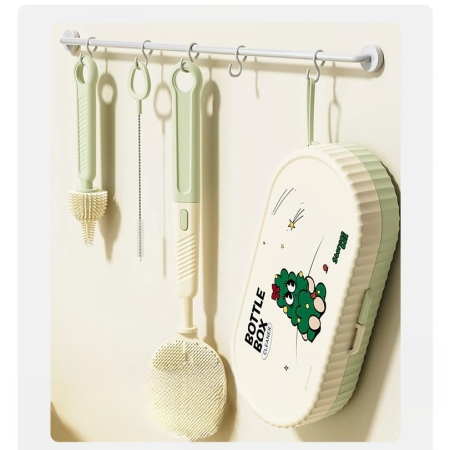 Set 7 Piese de Spalat/Uscat Biberoane, , Portabil, Peri de Silicon, pentru Tetine, Suzete, Biberoane, Paie, Cutie Inclusa, 20 x 9.5 cm, Verde [1]