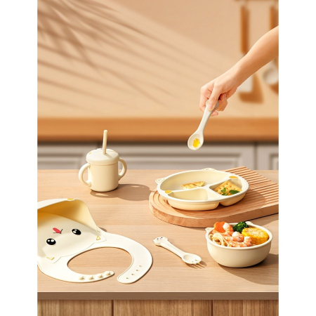 Set 7 Piese Hranire Bebelusi si Copii, , din Silicon, fara BPA, de la 12 Luni, Model Pisicuta, 30 x 25 x 6 cm, Bej [2]