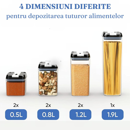 Set 7 Recipiente Organizare Alimente, , Inchidere Etansa, Etichete Reutilizabile, Cupe Masurare, 4 Dimensiuni Diferite, din Plastic Dur, Transparent [1]