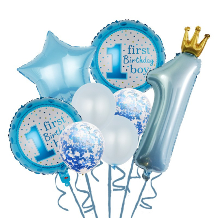 Tematica Fata/Baiat - Set 8 Baloane din Folie Metalizată si din Latex, , Figurine Cifra 1 Printesa 91cm, Stea 45 cm si Cerc 55 cm, Baloane Latex 30 cm, Tema Prima Aniversare, Ambalaj Individual, Pai Inclus, Umflare cu Aer sau Heliu, Albastru
