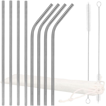 Disponibil livrare locker S - Set 8 paie metalice argintiu, reutilizabile, cu husa depozitare si perii curatat, 215x6 mm