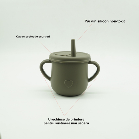 Set 8 piese diversificare bebelusi si copii din silicon , baveta, farfurie compartimentata cu ventuza, bol cu ventuza, tacamuri din lemn si silicon, cana pentru gustari, fara alergeni, verde inchis [5]