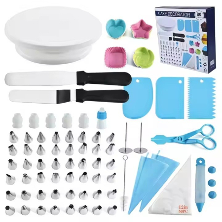 Ustensile pentru Bucătărie - Set 80 Piese Ustensile pentru Ornare Prajituri, , din Plastic si Otel Inoxidabil, Forme Briose, Multicolor