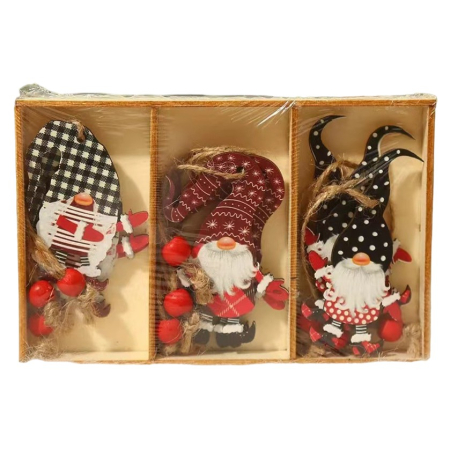 Decoratiuni Brad - Set 9 Decoratiuni de Craciun din Lemn, , cu Snur pentru Agatare in Brad, Model Mos Craciun Diferite Dimensiuni, 3 Modele, Multicolor