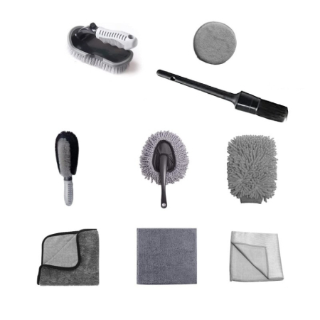 Accesorii Auto - Set 9 Piese pentru Spalat Auto, , din Plastic si Microfibra, Perii si Lavete, Model B, Gri