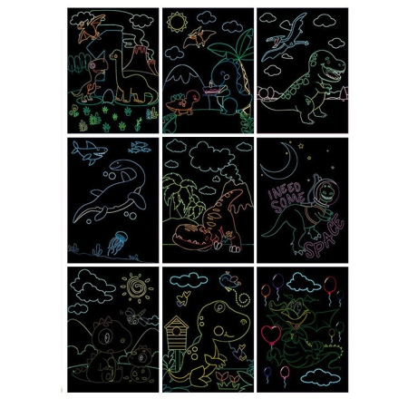 Set 9 Planse Razuibile, , Scratch ArtCards, +3 Ani, de Razuit si de Colorat, 19 x 14 cm, Model Dinozauri, Multicolor [1]