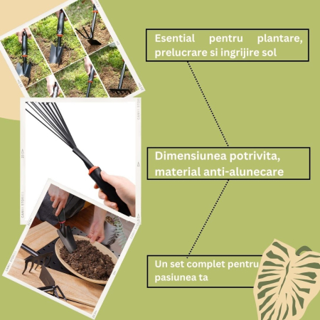Set 9 Unelte de Gradina , pentru Plantare Prelucrare Sol si Ingrijire Plante, Material PVC si cardboard, 25 x 14.5 cm, negru [1]