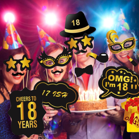 Set Accesorii pentru Petrecere, , Props pentru Coltul de Poze, pentru Majorat, Aniversare 18 Ani, Ochelari, Palarii, Mustata, Cravata, pentru Evenimente, Multicolor [3]