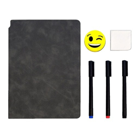 ✨TOATE PRODUSELE✨ - Set Agenda A5 Reutilizabila cu Pagini Tip Tabla, Agenda Pagini Albe cu Stergere Uscata, 3 Markere, 1 Burete și 1 Laveta de sters, Portabila, 24 x 16.5 cm, Coperta Piele, Negru
