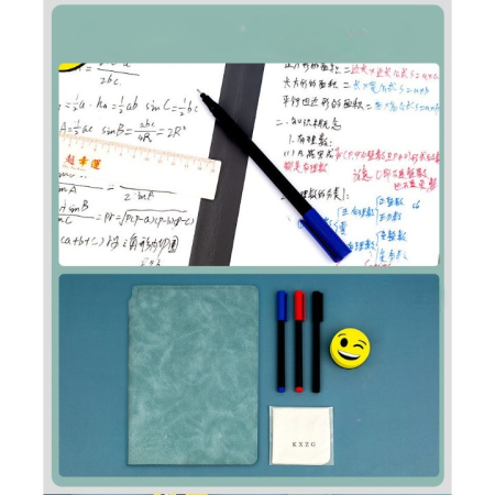 Set Agenda A5 Reutilizabila cu Pagini Tip Tabla, Agenda Pagini Albe cu Stergere Uscata, 3 Markere, 1 Burete și 1 Laveta de sters, Portabila, 24 x 16.5 cm, Coperta Piele, Verde [3]