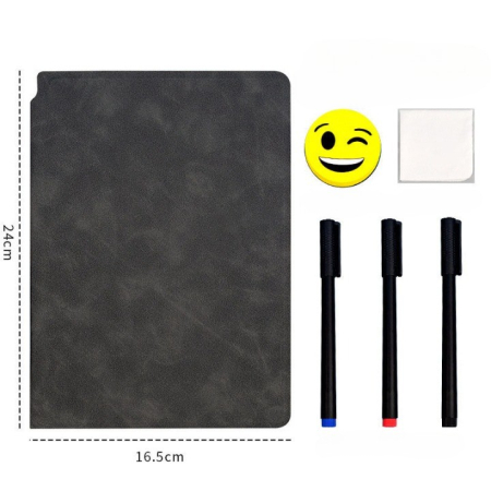 Set Agenda A5 Reutilizabila cu Pagini Tip Tabla, Agenda Pagini Albe cu Stergere Uscata, 3 Markere, 1 Burete și 1 Laveta de sters, Portabila, 24 x 16.5 cm, Coperta Piele, Negru [4]