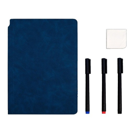 ✨TOATE PRODUSELE✨ - Set Agenda A5 Reutilizabila cu Pagini Tip Tabla, Agenda Pagini Albe cu Stergere Uscata, 3 Markere, 1 Burete și 1 Laveta de sters, Portabila, 24 x 16.5 cm, Coperta Piele, Albastru