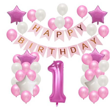 Tematica Fata/Baiat - Set Baloane Aniversare HAPPY BIRTHDAY, , set din 42 bucati, 1 bucata cifra mare, 4 stele din folie aluminiu, 37 simple din latex, Baby Girl, 60 cm Roz