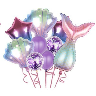 Seturi Baloane Folie - Set baloane aniversare pentru fetita, set din 9 baloane, , Tematica Sirene, 5 Baloane Folie, 4 baloane latex, cu stele, Mov gradient