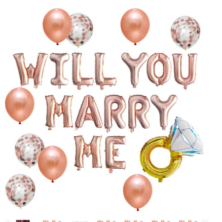 Tematica Nunta - Set baloane decorative WILL YOU MARRY ME, , set din 12 piese, 10 baloane latex, 1 set Marry me, 1 balon folie inel, Rose Gold