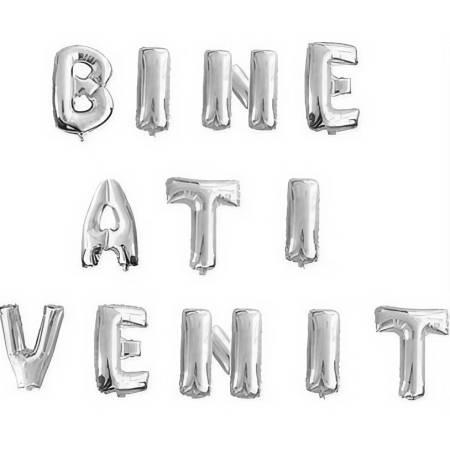 Seturi Baloane Folie - Set Baloane din Folie Metalizata, , Figurine Litere, Model Bine Ati Venit, Tema Aniversare, 40 cm, Ambalaj Individual, Pai inclus, Umflare cu Aer sau Heliu, Argintiu