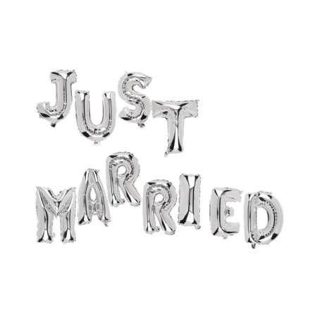 Set Baloane din Folie Metalizata, , Figurine Litere, Model Just Married, Tema Nunta, 40 cm, Baloane Party, Ambalaj Individual, Pai inclus, Umflare cu Aer sau Heliu, Argintiu [2]