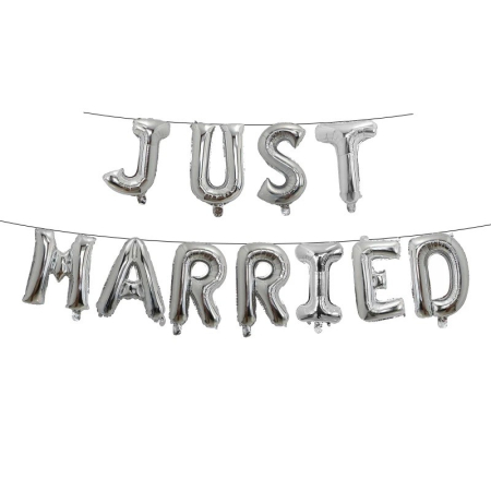Tematica Nunta - Set Baloane din Folie Metalizata, , Figurine Litere, Model Just Married, Tema Nunta, 40 cm, Baloane Party, Ambalaj Individual, Pai inclus, Umflare cu Aer sau Heliu, Argintiu