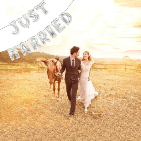 Set Baloane din Folie Metalizata, , Figurine Litere, Model Just Married, Tema Nunta, 40 cm, Baloane Party, Ambalaj Individual, Pai inclus, Umflare cu Aer sau Heliu, Argintiu [3]