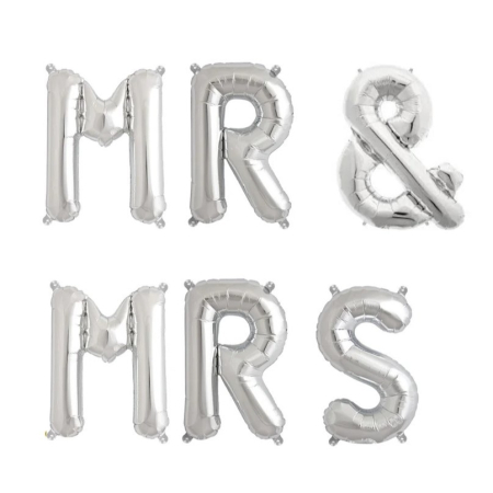 Tematica Nunta - Set Baloane din Folie Metalizata, , Figurine Litere, Model MR&MRS, Tema Nunta, 40 cm, Baloane Party, Ambalaj Individual, Pai inclus, Umflare cu Aer sau Heliu, Argintiu