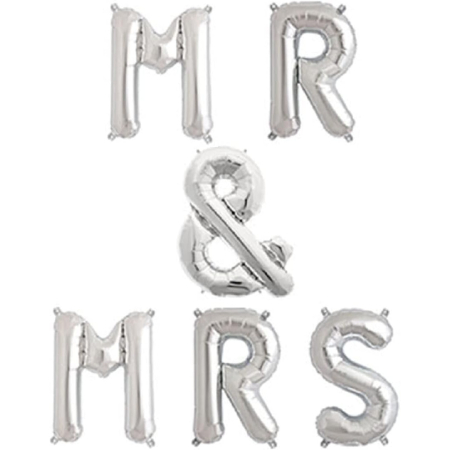 Set Baloane din Folie Metalizata, , Figurine Litere, Model MR&MRS, Tema Nunta, 40 cm, Baloane Party, Ambalaj Individual, Pai inclus, Umflare cu Aer sau Heliu, Argintiu [2]