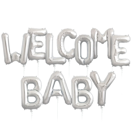 Set Baloane din Folie Metalizata, , Figurine Litere, Model Welcome Baby, Tema Aniversare, 40 cm, Ambalaj Individual, Pai inclus, Umflare cu Aer sau Heliu, Alb [4]