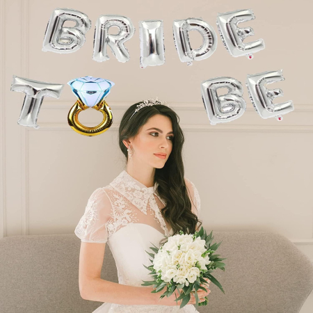 Set Baloane din Folie Metalizata, , Model Bride to Be cu Inel de Logodna, Litere de 40 cm, Baloane Party, Ambalaj Individual, Pai Inclus, Umflare cu Aer sau Heliu, Argintiu [4]