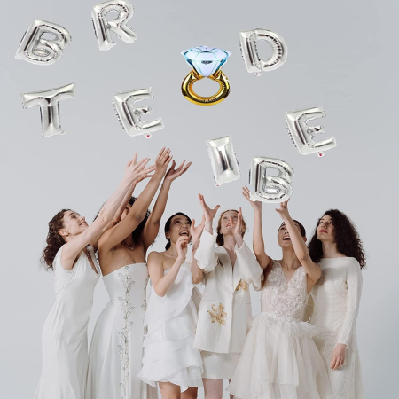 Set Baloane din Folie Metalizata, , Model Bride to Be cu Inel de Logodna, Litere de 40 cm, Baloane Party, Ambalaj Individual, Pai Inclus, Umflare cu Aer sau Heliu, Argintiu [2]