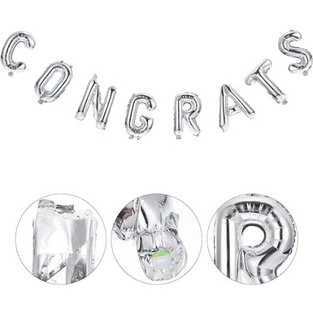 Set Baloane din Folie Metalizată, , Model Congrats, Litere de 40 cm, Baloane Absolvire, Ambalaj Individual, Pai inclus, Umflare cu Aer sau Heliu, Argintiu [2]
