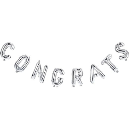Seturi Baloane Folie - Set Baloane din Folie Metalizată, , Model Congrats, Litere de 40 cm, Baloane Absolvire, Ambalaj Individual, Pai inclus, Umflare cu Aer sau Heliu, Argintiu