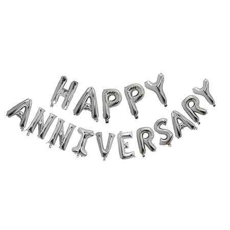 Set Baloane din Folie Metalizată, , Model Happy Anniversary, Litere de 40 cm, Baloane Party, Ambalaj Individual, Pai inclus, Umflare cu Aer sau Heliu, Argintiu [1]
