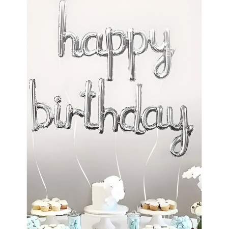 Set Baloane din Folie Metalizată, , Model Happy Birthday, 45x85 cm, 45x124cm, Baloane Party, Ambalaj Individual, Pai inclus, Umflare cu Aer sau Heliu, Argintiu [1]