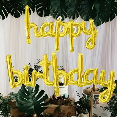 Set Baloane din Folie Metalizată, , Model Happy Birthday, 45x85 cm, 45x124cm, Baloane Party, Ambalaj Individual, Pai inclus, Umflare cu Aer sau Heliu, Gold [3]