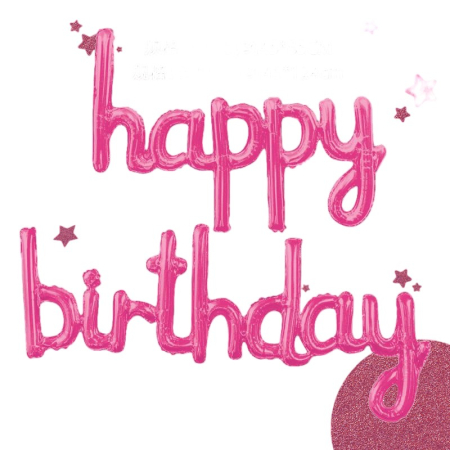 Set Baloane din Folie Metalizata, , Model Happy Birthday, 45x85 cm, 45x124cm, Baloane Party, Ambalaj Individual, Pai Inclus, Umflare cu Aer sau Heliu, Roz [1]