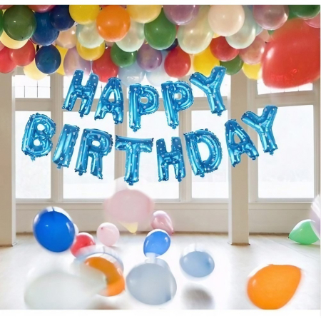 Set Baloane din Folie Metalizata, , Model Happy Birthday, Litere de 40 cm, Baloane Party, Ambalaj Individual, Pai, Ata si Adeziv Incluse, Umflare cu Aer sau Heliu, Albastru [3]