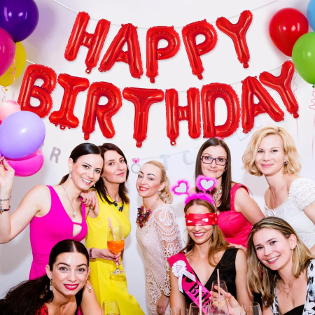 Set Baloane din Folie Metalizata, , Model Happy Birthday, Litere de 40 cm, Baloane Party, Ambalaj Individual, Pai, Ata si Adeziv Incluse, Umflare cu Aer sau Heliu, Rosu [3]