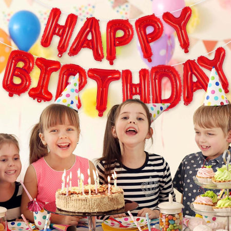 Set Baloane din Folie Metalizata, , Model Happy Birthday, Litere de 40 cm, Baloane Party, Ambalaj Individual, Pai, Ata si Adeziv Incluse, Umflare cu Aer sau Heliu, Rosu [1]