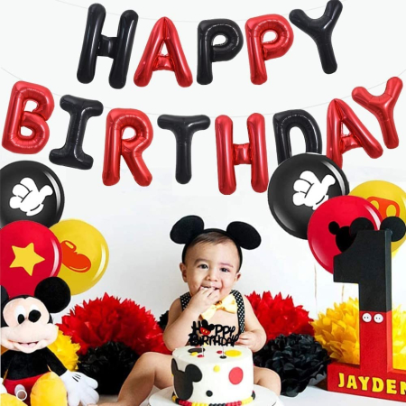 Set Baloane din Folie Metalizata, , Model Happy Birthday, Litere de 40 cm, Baloane Party, Ambalaj Individual, Pai, Ata si Adeziv Incluse, Umflare cu Aer sau Heliu, Rosu-Negru [3]
