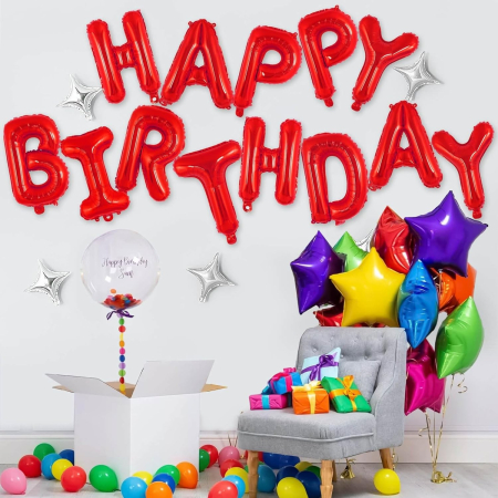 Set Baloane din Folie Metalizata, , Model Happy Birthday, Litere de 40 cm, Baloane Party, Ambalaj Individual, Pai, Ata si Adeziv Incluse, Umflare cu Aer sau Heliu, Rosu [2]